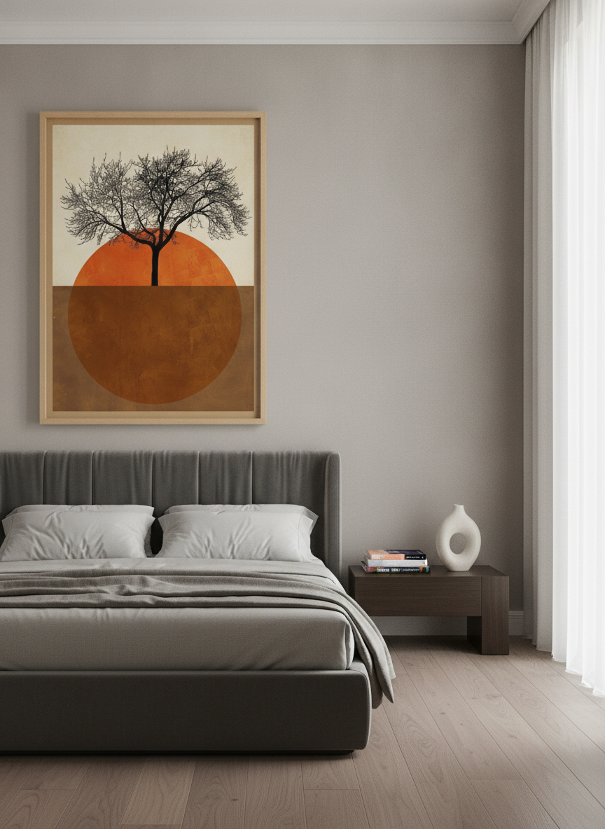 Oversized statement modern wall art print styled on the wall in a luxe bedroom