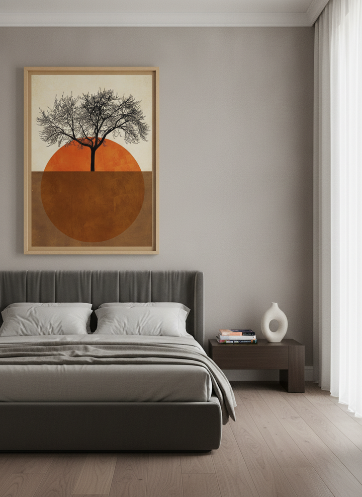 Oversized statement modern wall art print styled on the wall in a luxe bedroom