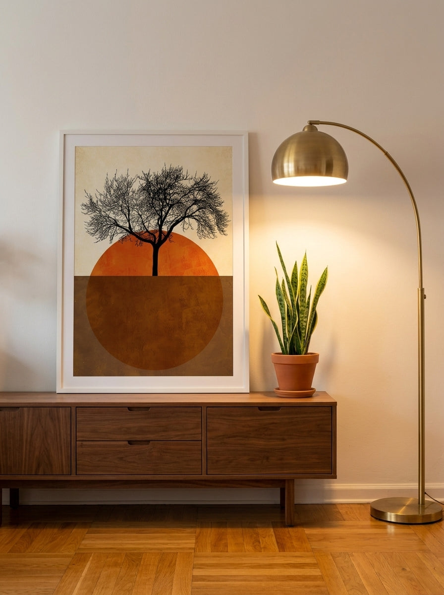Modern wall art print standing on a sideboard in a mid-century home office