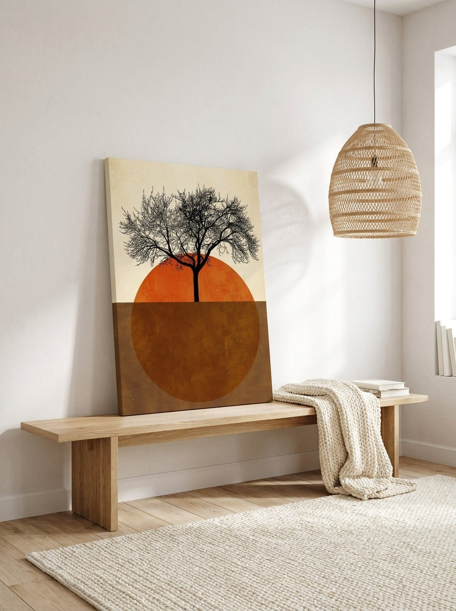 Stretched canvas wall art standing on a bench in a bright Scandinavian home office