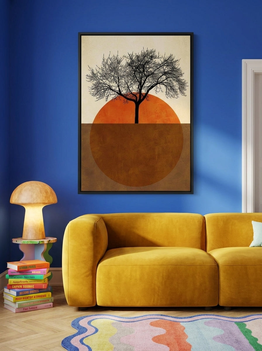 Canvas wall art with a black surround styled on the wall in a colourful eclectic living room