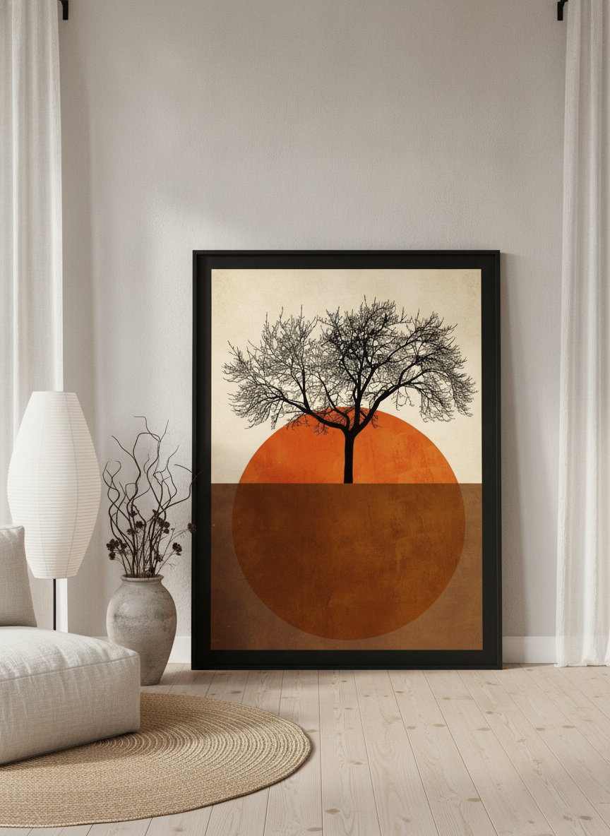 Oversized statement modern wall art print leaning against the wall in a warm Japandi bedroom