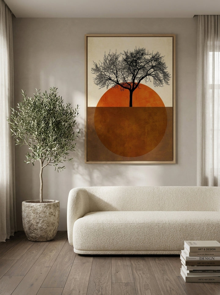 Oversized statement canvas wall art with a natural timber surround styled on the wall in a luxe living room