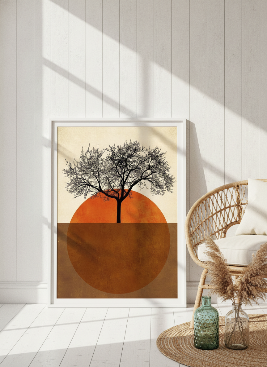 Modern wall art print leaning against the wall in a coastal bedroom
