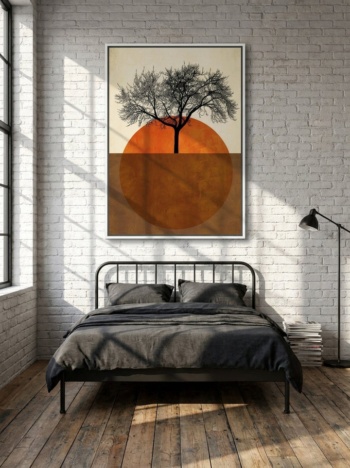 Canvas wall art with a white surround styled on the wall in an industrial loft bedroom