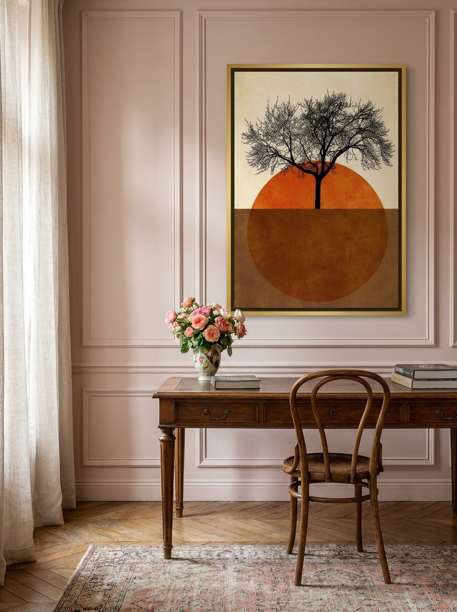 Canvas wall art with a gold leaf surround styled on the wall in a Parisian home office