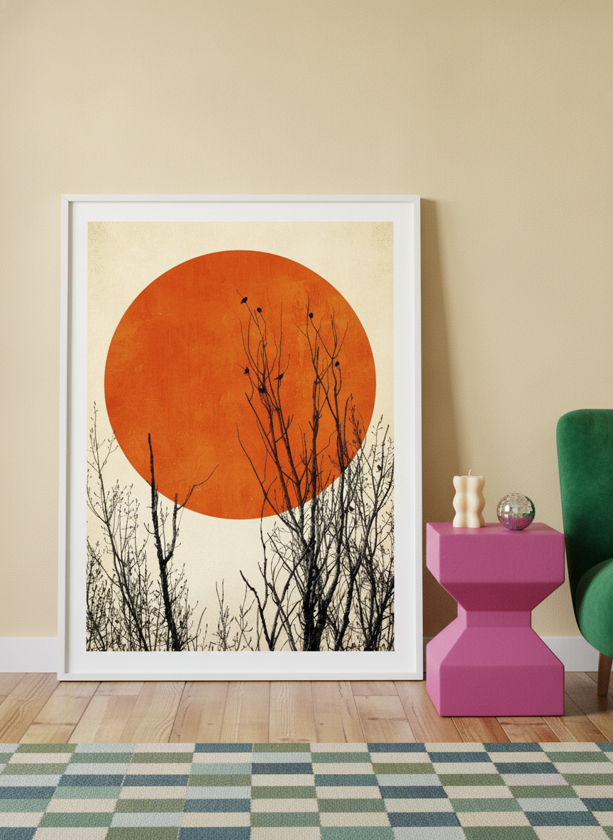 Modern wall art print leaning against the wall in a colourful eclectic bedroom