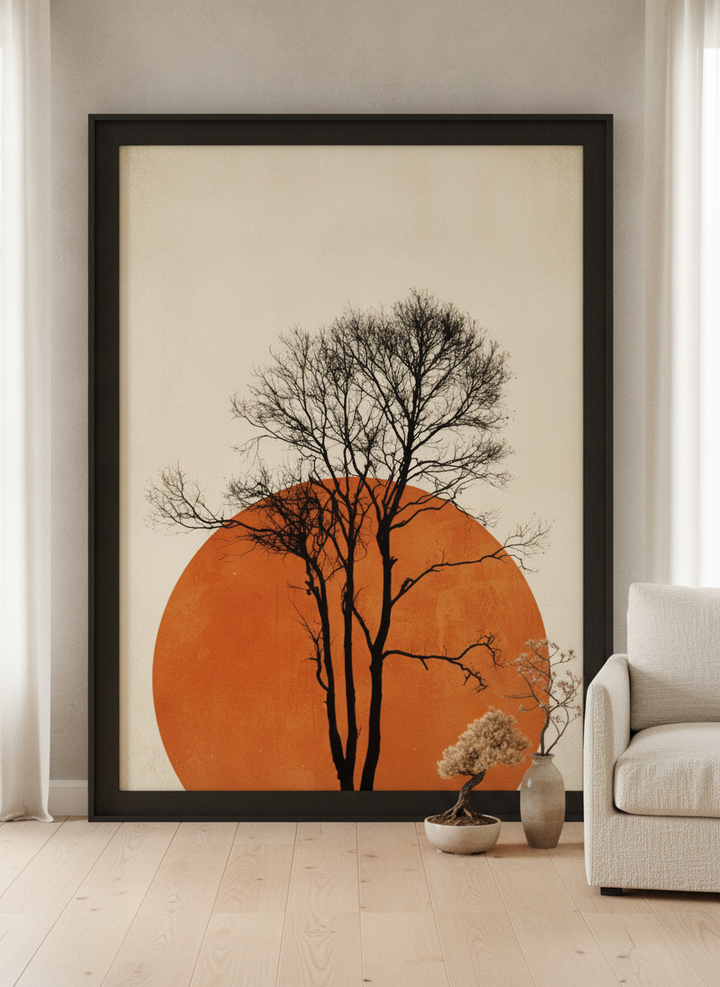 Oversized statement modern wall art print leaning against the wall in a warm Japandi bedroom