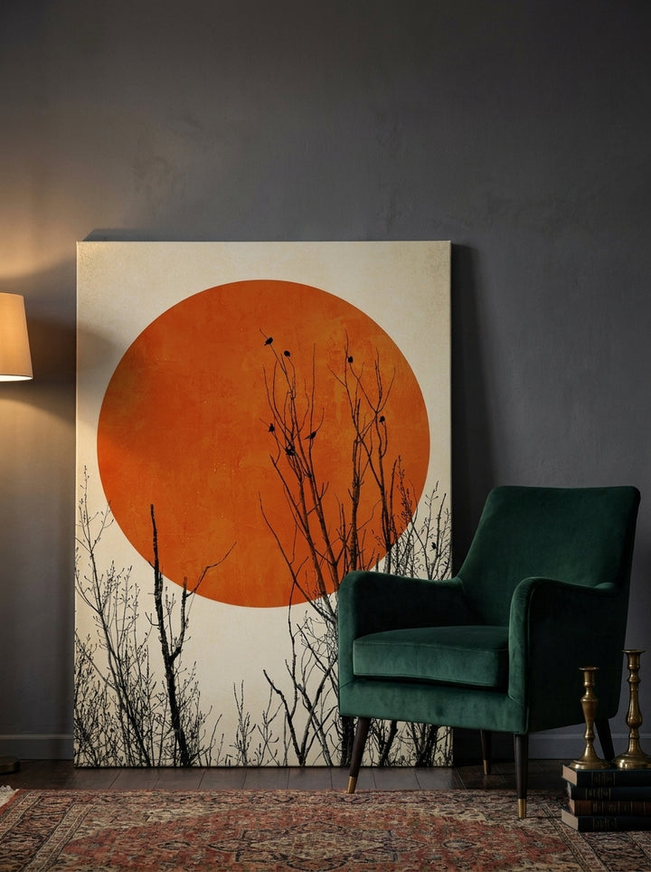 Stretched canvas wall art leaning against the wall in a moody home office
