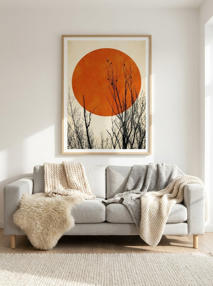 Modern wall art print styled on the wall in a bright Scandinavian living room