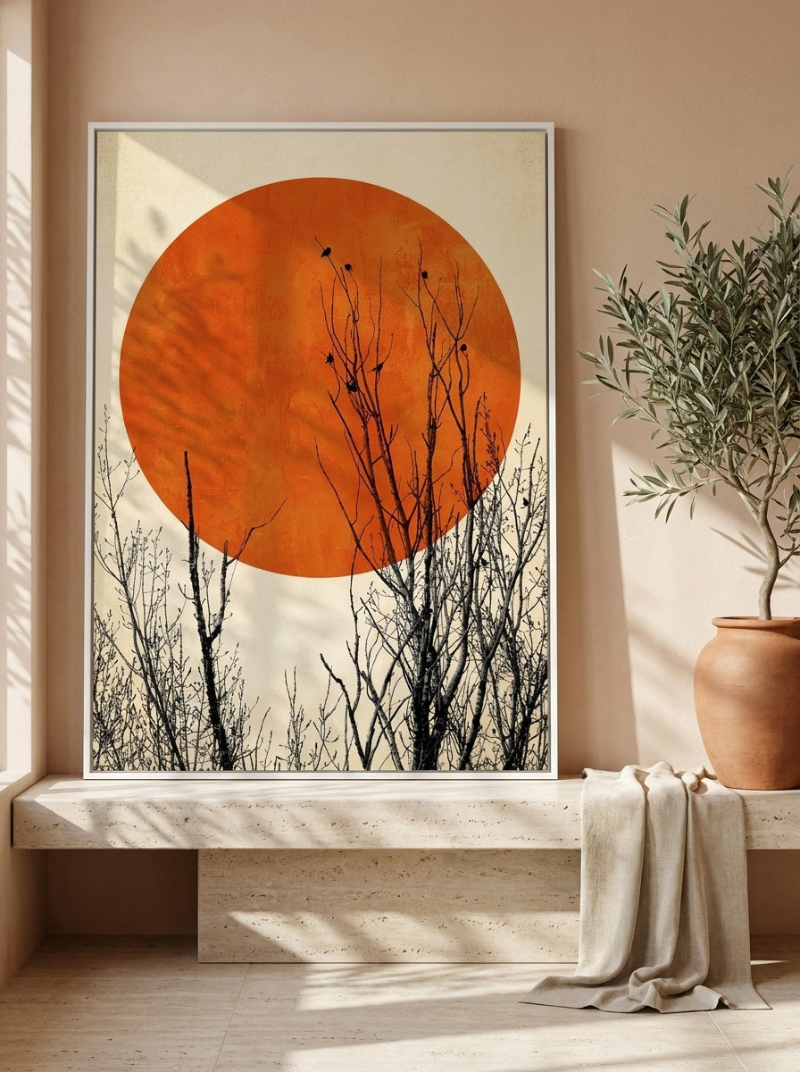 Canvas wall art with a white surround standing on a console in a Mediterranean bedroom