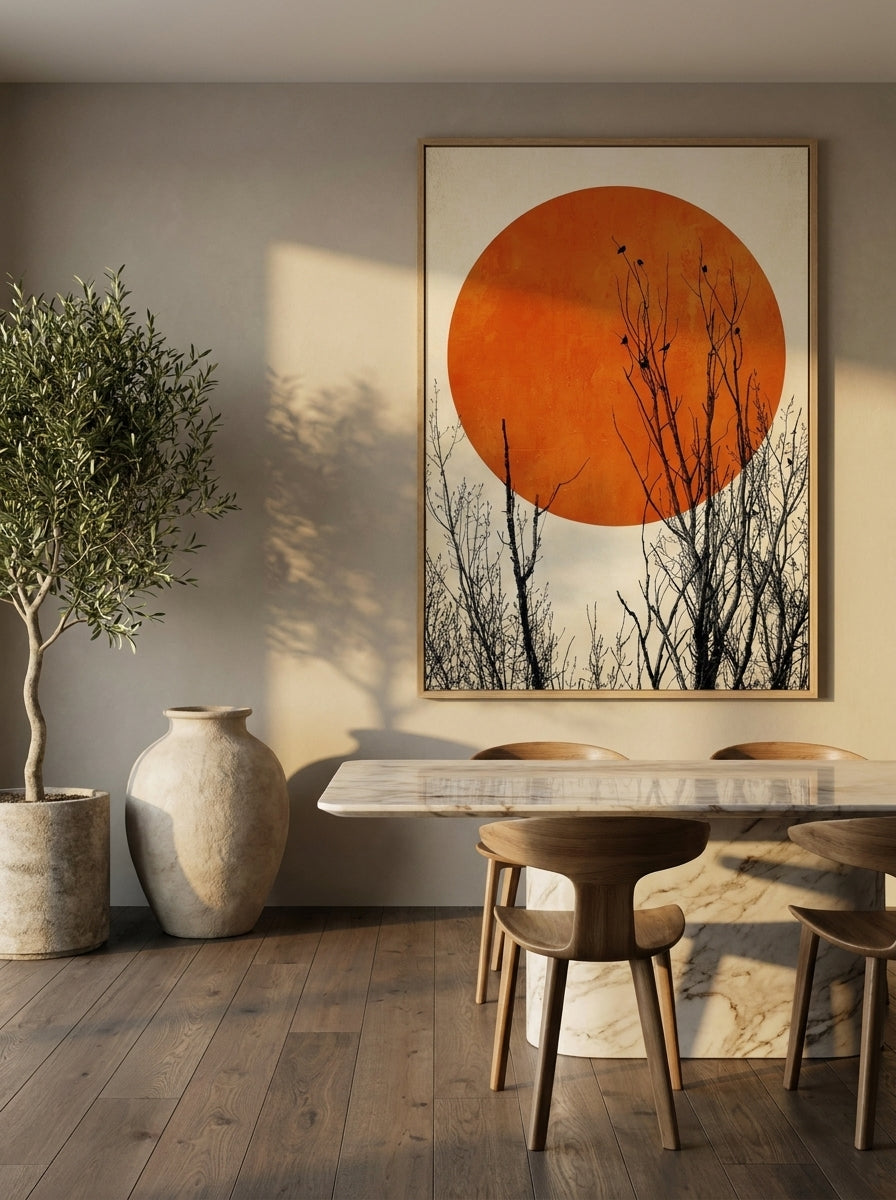 Oversized statement modern wall art print styled on the wall in a luxe dining room