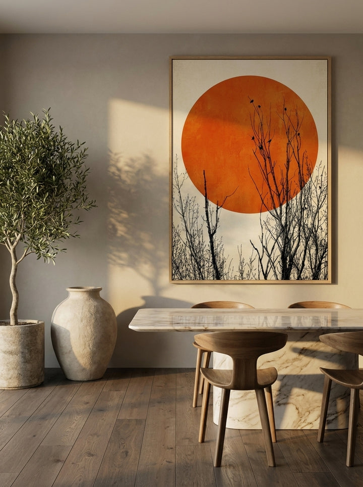 Oversized statement modern wall art print styled on the wall in a luxe dining room