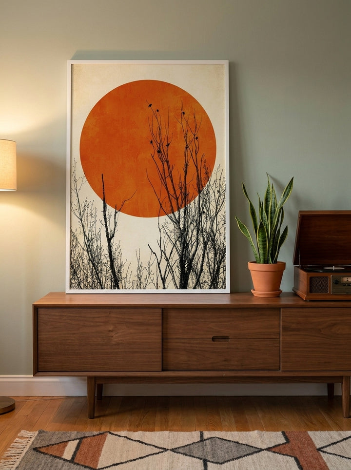 Modern wall art print standing on a sideboard in a mid-century home office