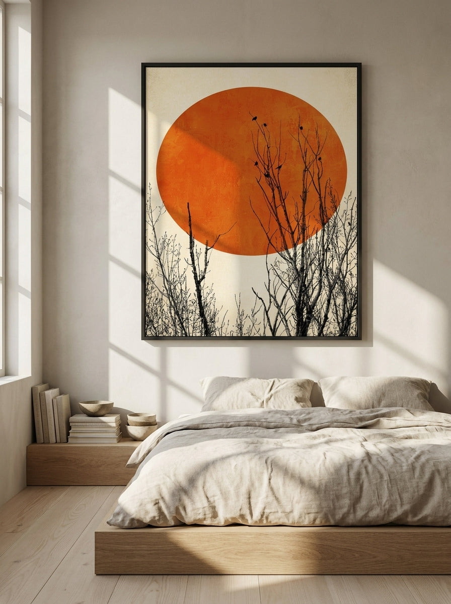Oversized statement modern wall art print styled on the wall in a warm Japandi bedroom