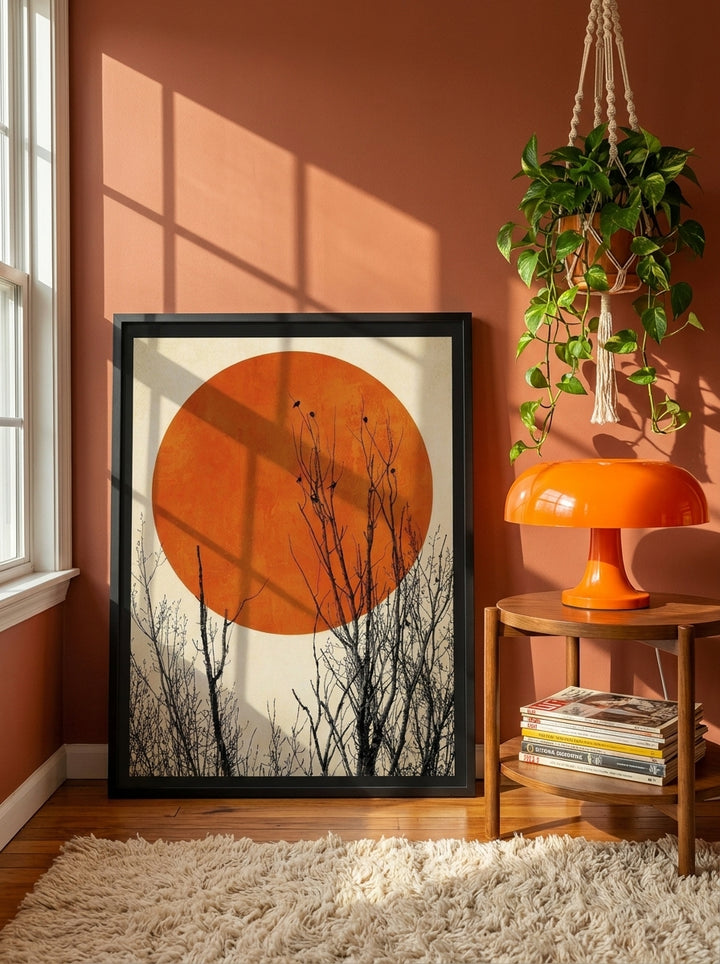 Modern wall art print leaning against the wall in a retro 70s living room
