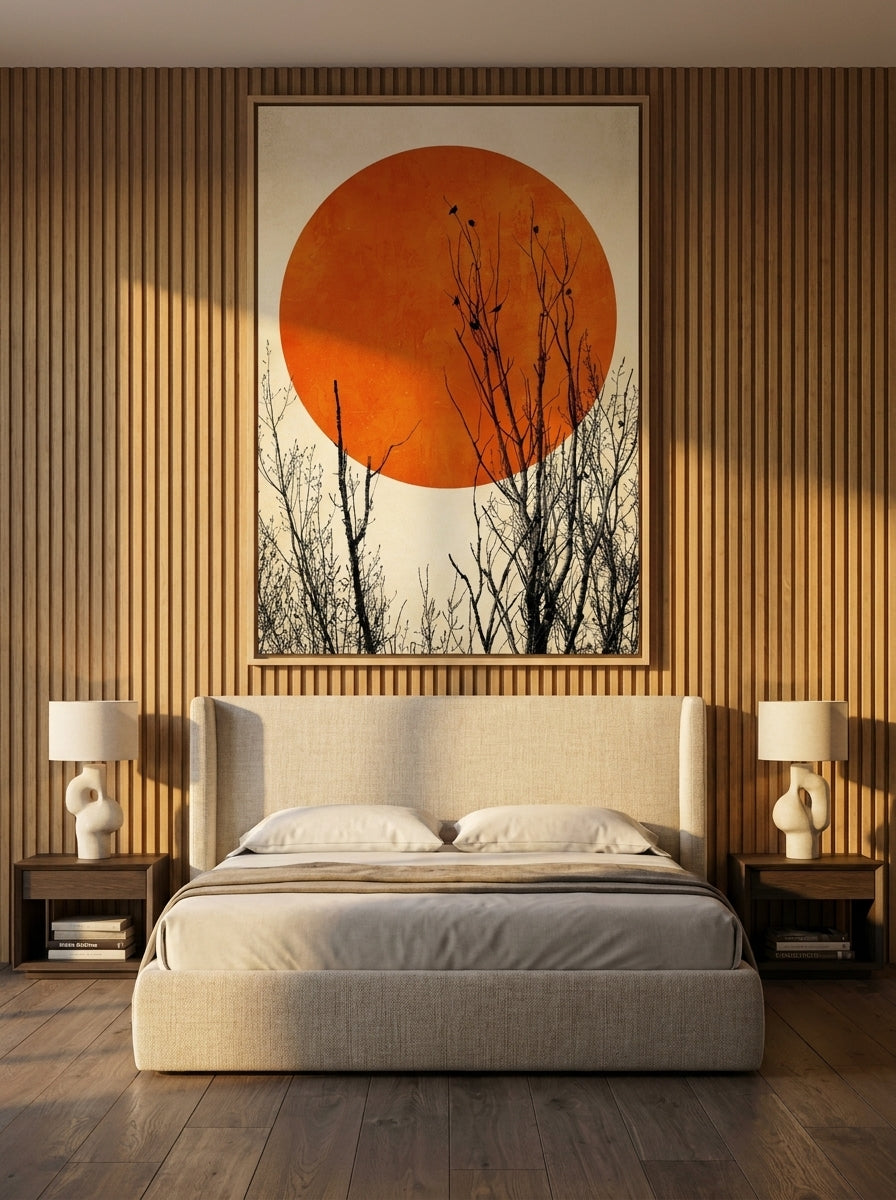 Oversized statement canvas wall art with a natural timber surround styled on the wall in a luxe bedroom