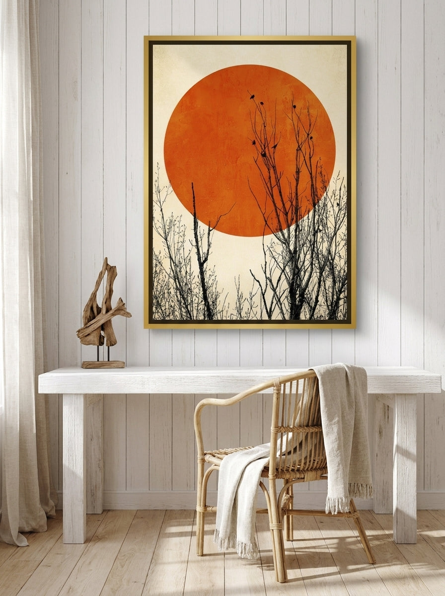Canvas wall art with a gold leaf surround styled on the wall in a coastal home office