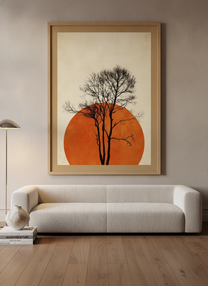 Oversized statement modern wall art print styled on the wall in a luxe living room