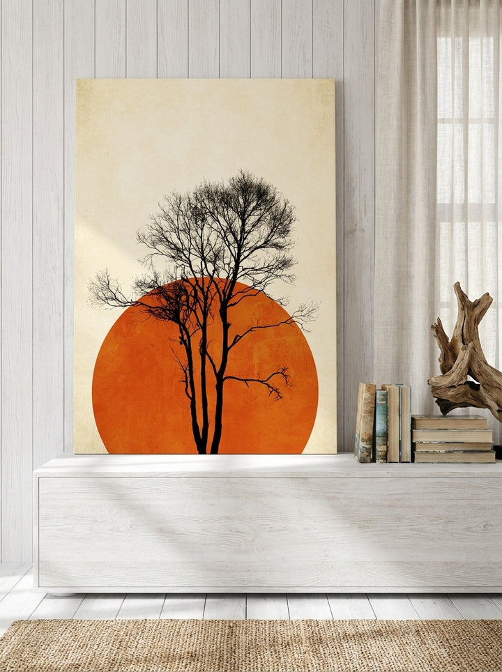 Stretched canvas wall art standing on a console in a coastal home office