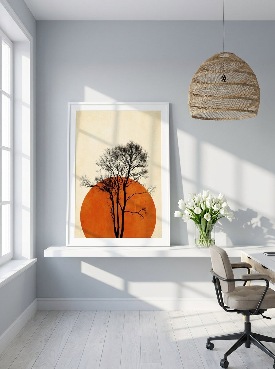 Modern wall art print standing on a shelf in a bright Scandinavian home office