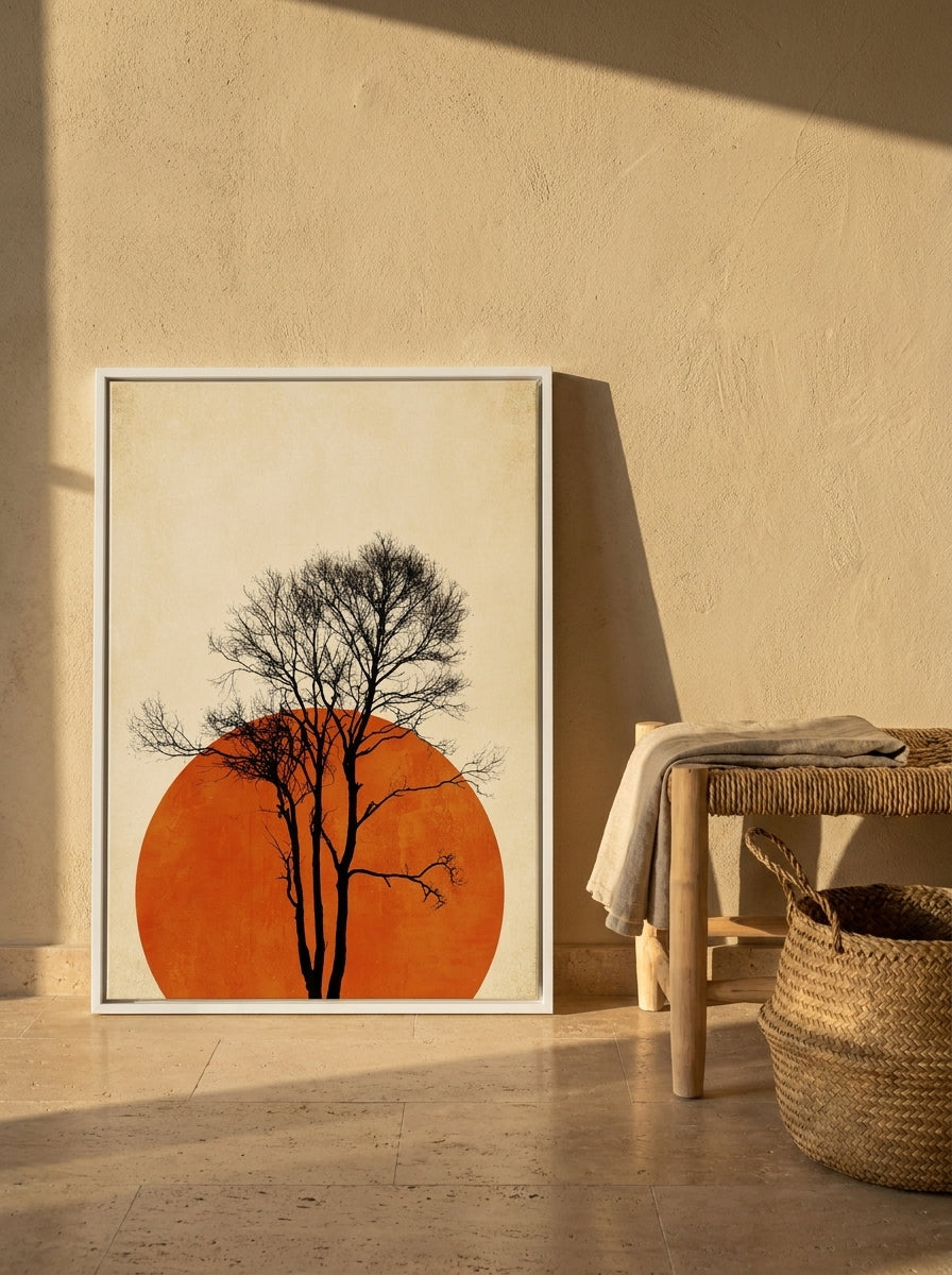 Canvas wall art with a white surround leaning against the wall in a Mediterranean bedroom