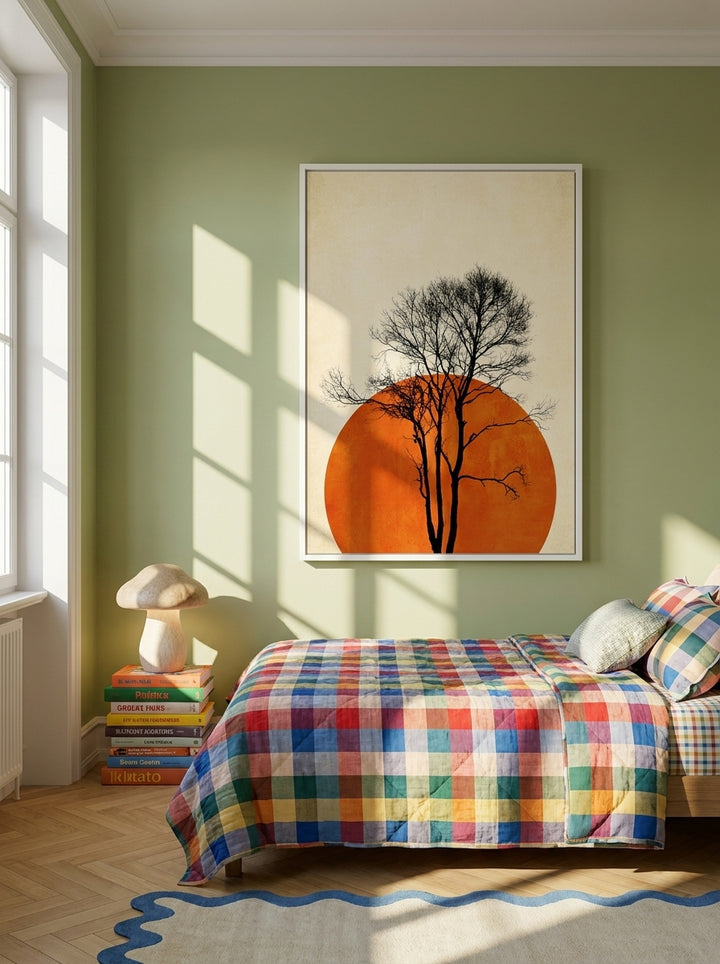 Modern wall art print styled on the wall in a colourful eclectic bedroom
