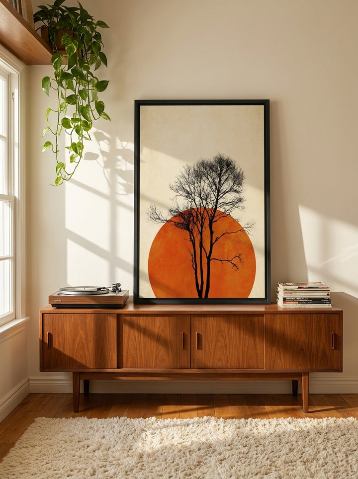 Canvas wall art with a black surround standing on a sideboard in a retro 70s living room