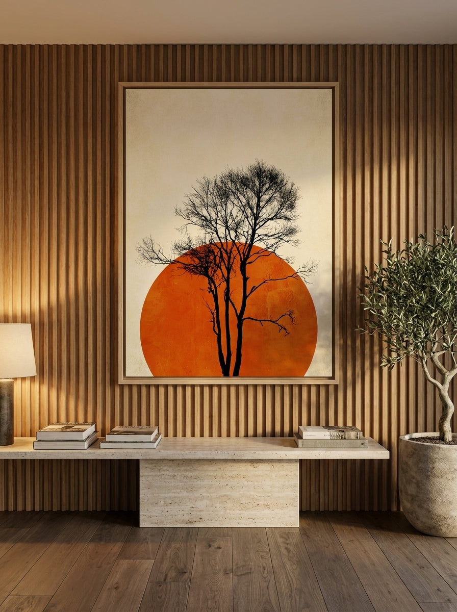 Oversized statement canvas wall art with a natural timber surround styled on the wall in a luxe living room