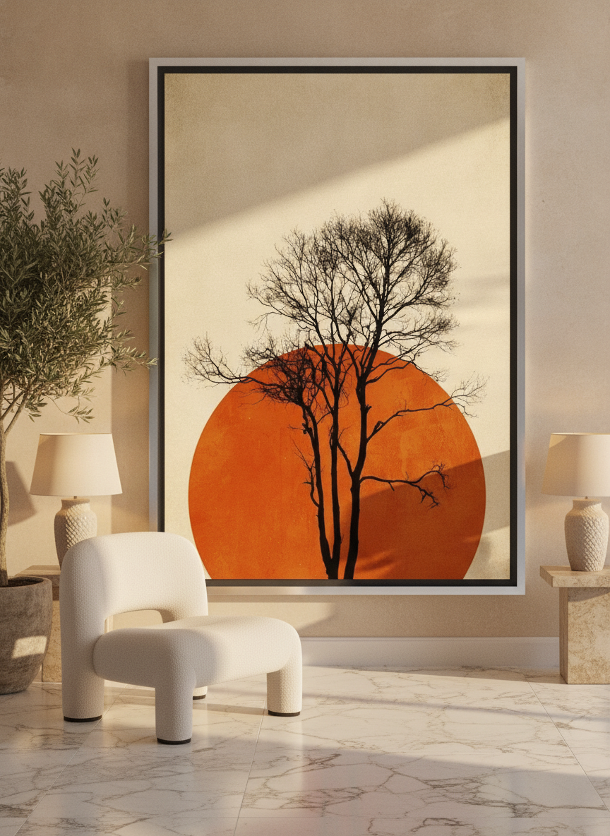 Oversized statement canvas wall art with a silver leaf surround leaning against the wall in a luxe living room