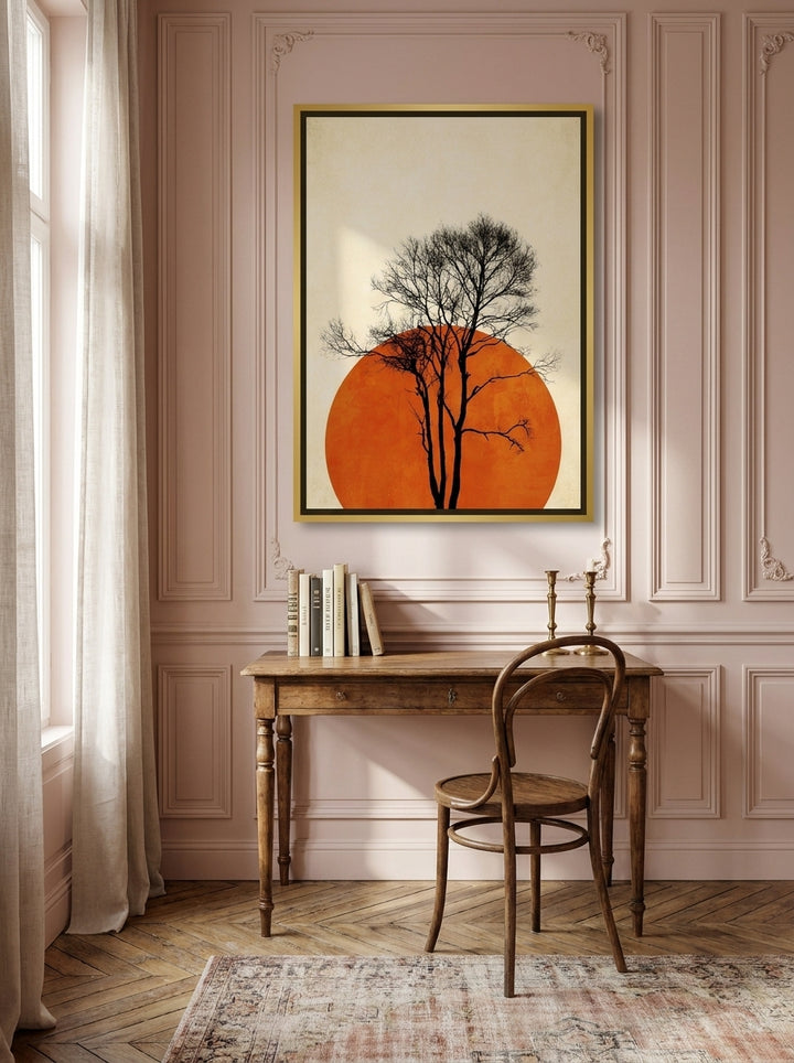 Canvas wall art with a gold leaf surround styled on the wall in a Parisian home office