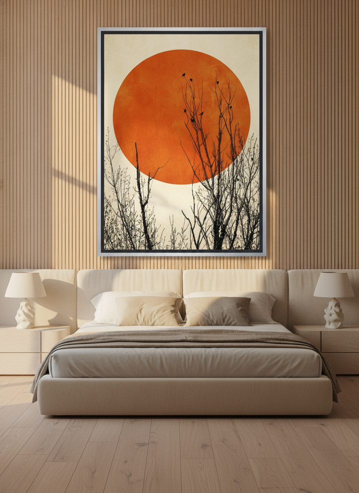 Oversized statement canvas wall art with a silver leaf surround styled on the wall in a luxe bedroom