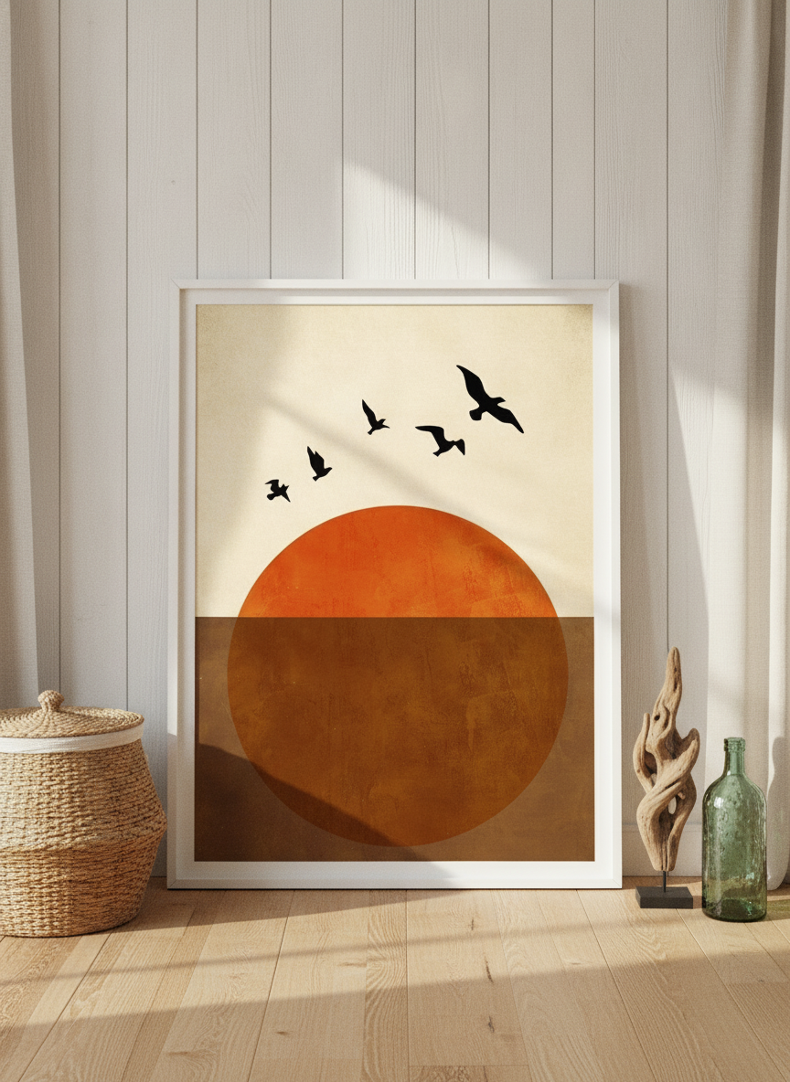 Modern wall art print leaning against the wall in a coastal bedroom