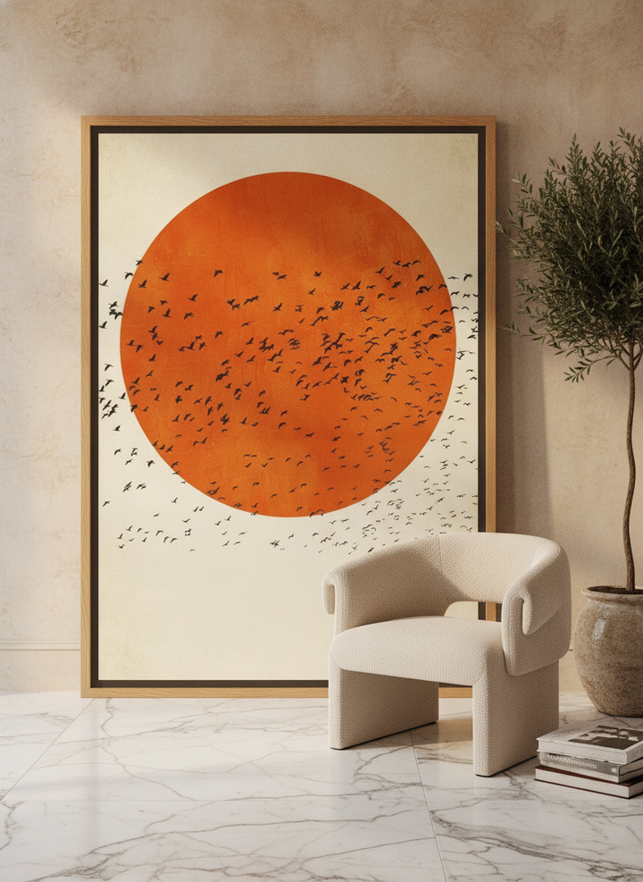 Oversized statement canvas wall art with a natural timber surround leaning against the wall in a luxe living room