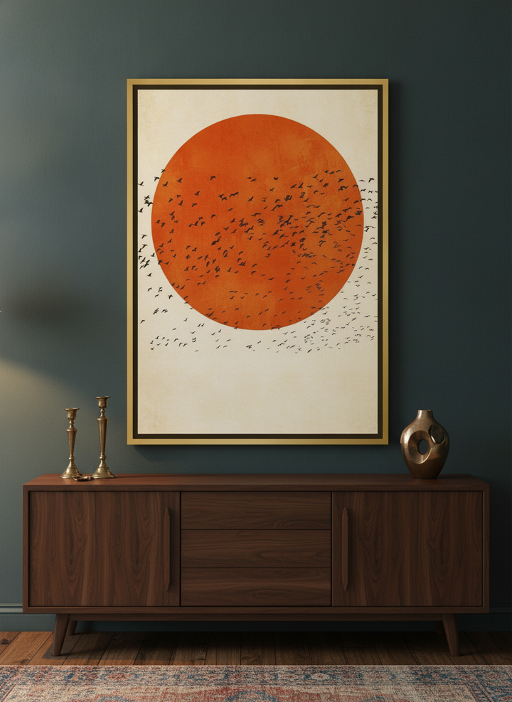 Canvas wall art with a gold leaf surround standing on a sideboard in a moody home office