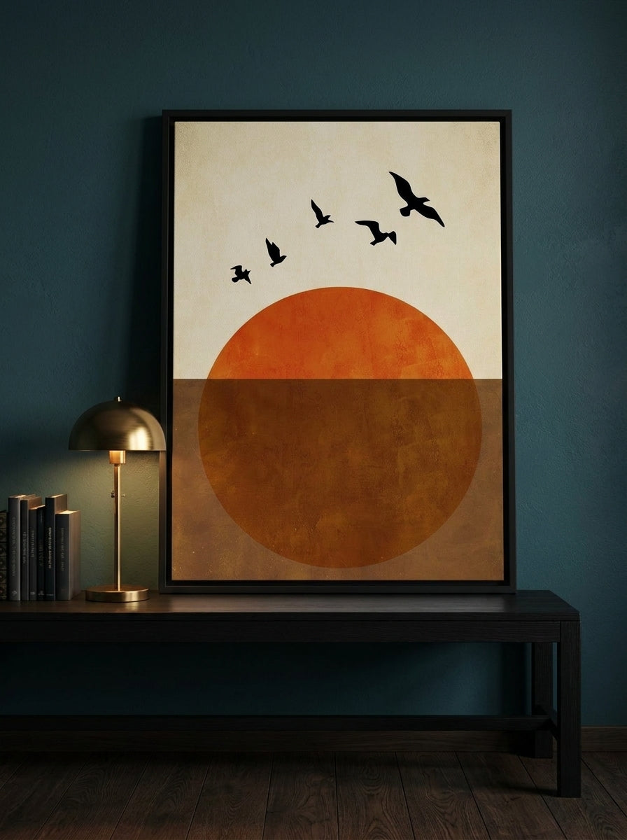 Canvas wall art with a black surround standing on a console in a moody living room