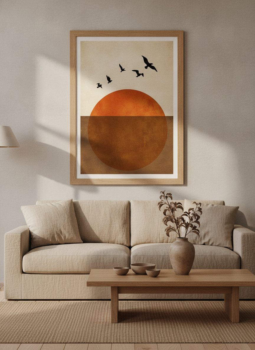 Modern wall art print styled on the wall in a warm Japandi living room