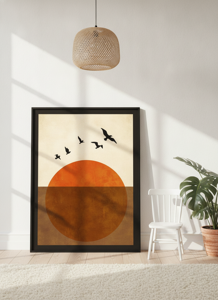 Oversized statement modern wall art print leaning against the wall in a bright Scandinavian bedroom