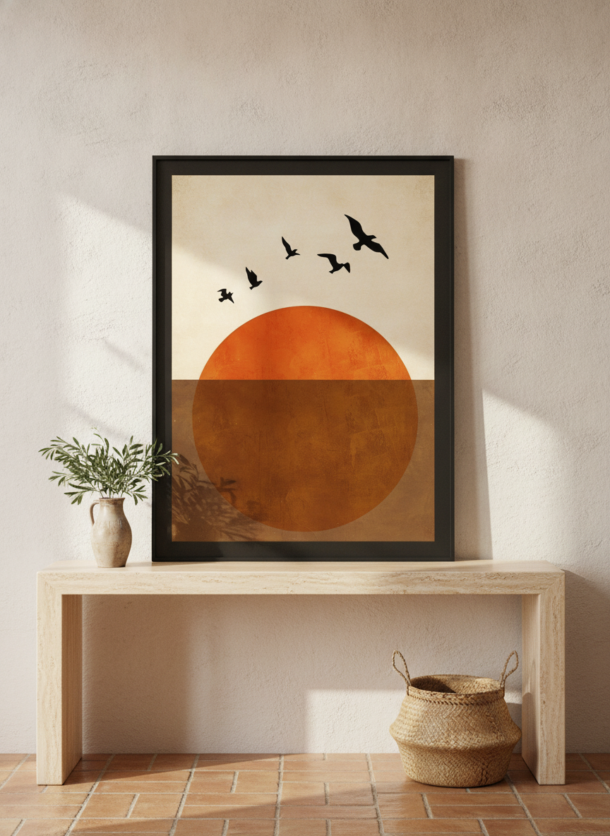 Modern wall art print standing on a console in a Mediterranean living room