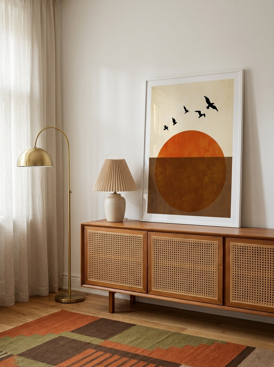 Modern wall art print standing on a sideboard in a mid-century home office
