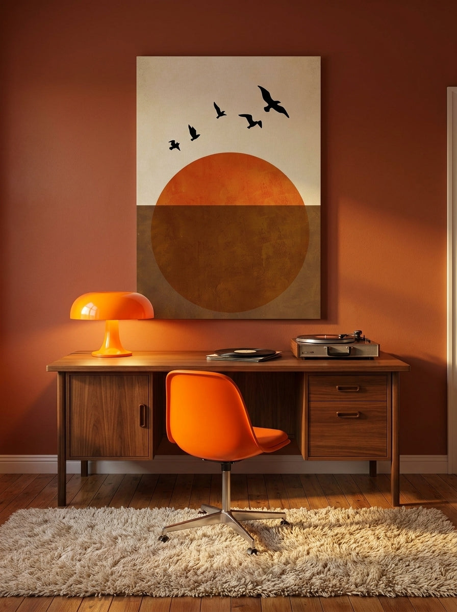 Stretched canvas wall art styled on the wall in a retro 70s home office