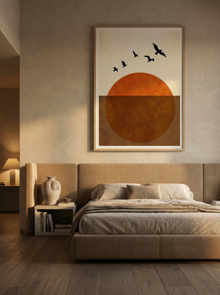 Oversized statement modern wall art print styled on the wall in a luxe bedroom