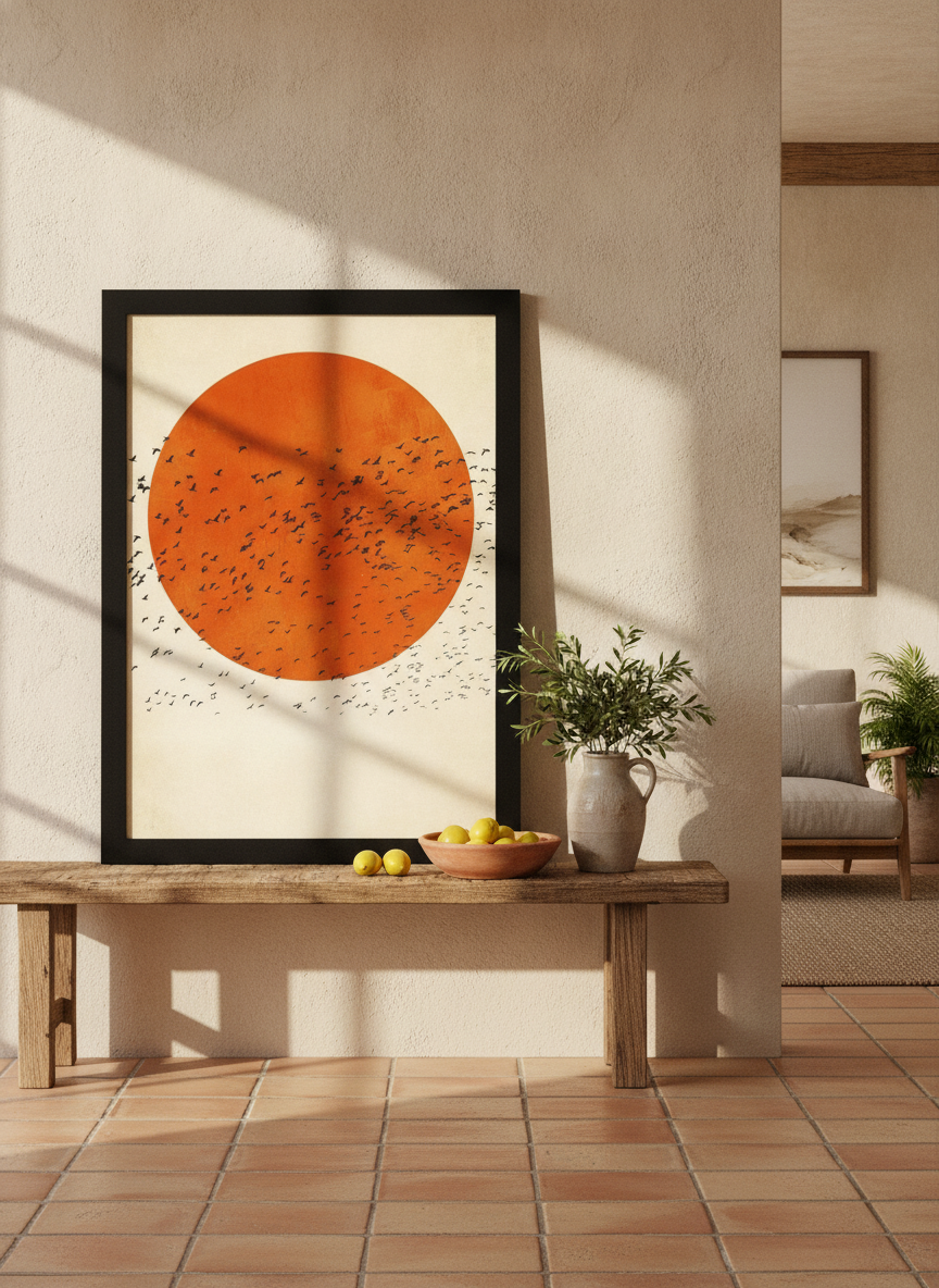 Modern wall art print standing on a bench in a Mediterranean living room