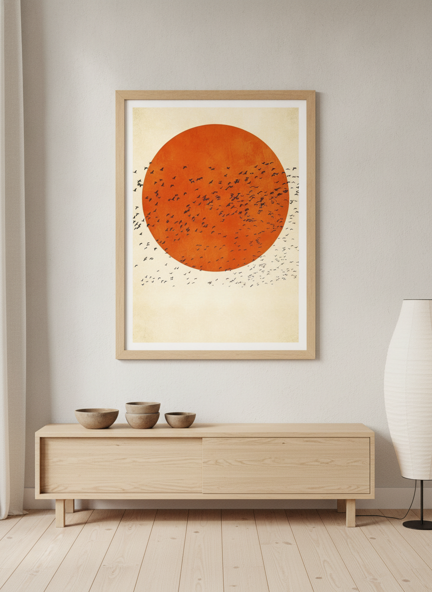 Modern wall art print styled on the wall in a warm Japandi living room