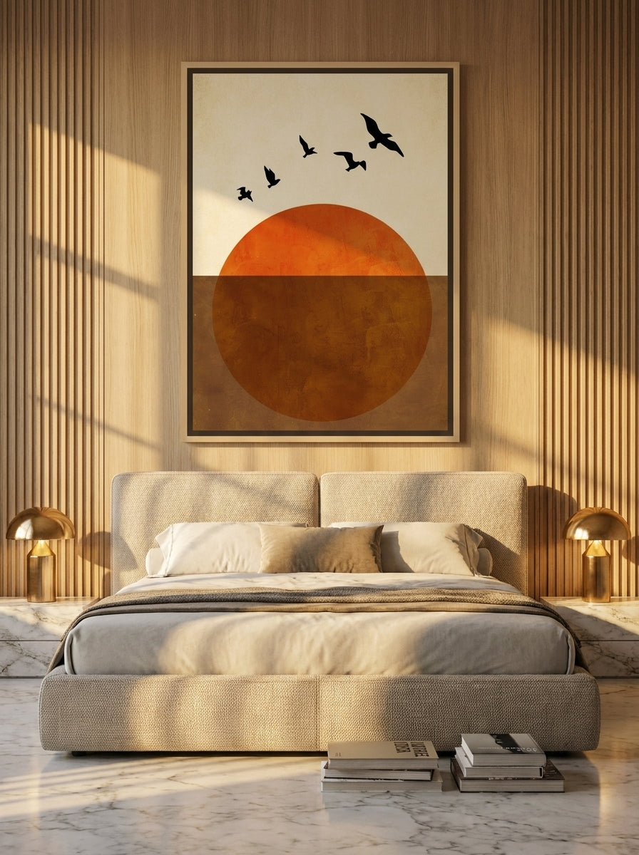 Oversized statement canvas wall art with a natural timber surround styled on the wall in a luxe bedroom