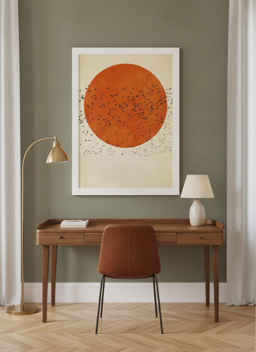 Modern wall art print styled on the wall in a mid-century home office