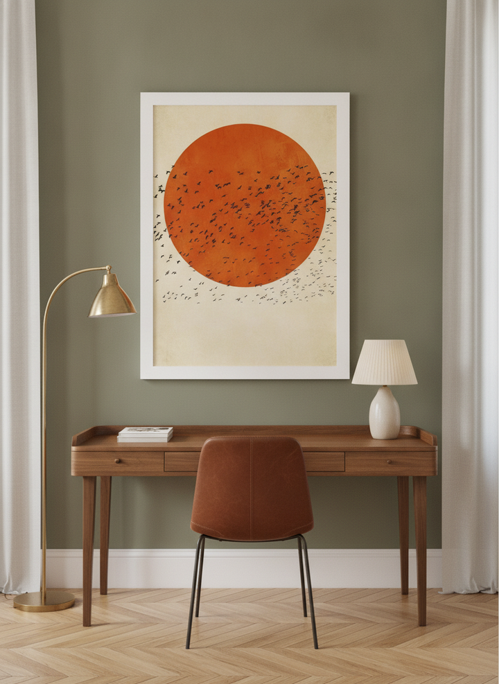 Modern wall art print styled on the wall in a mid-century home office