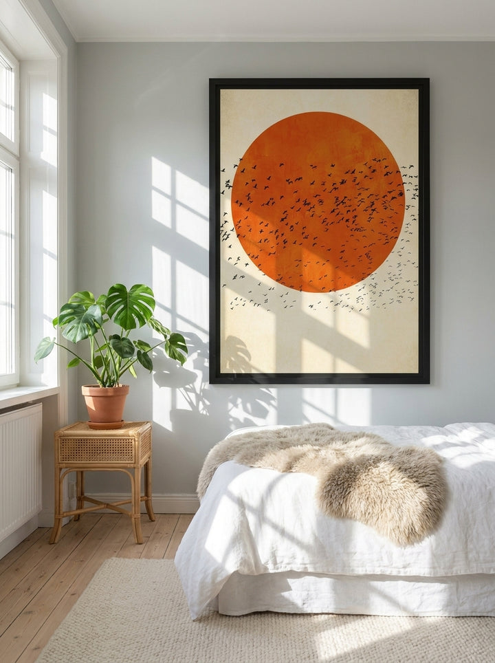 Oversized statement modern wall art print styled on the wall in a bright Scandinavian bedroom