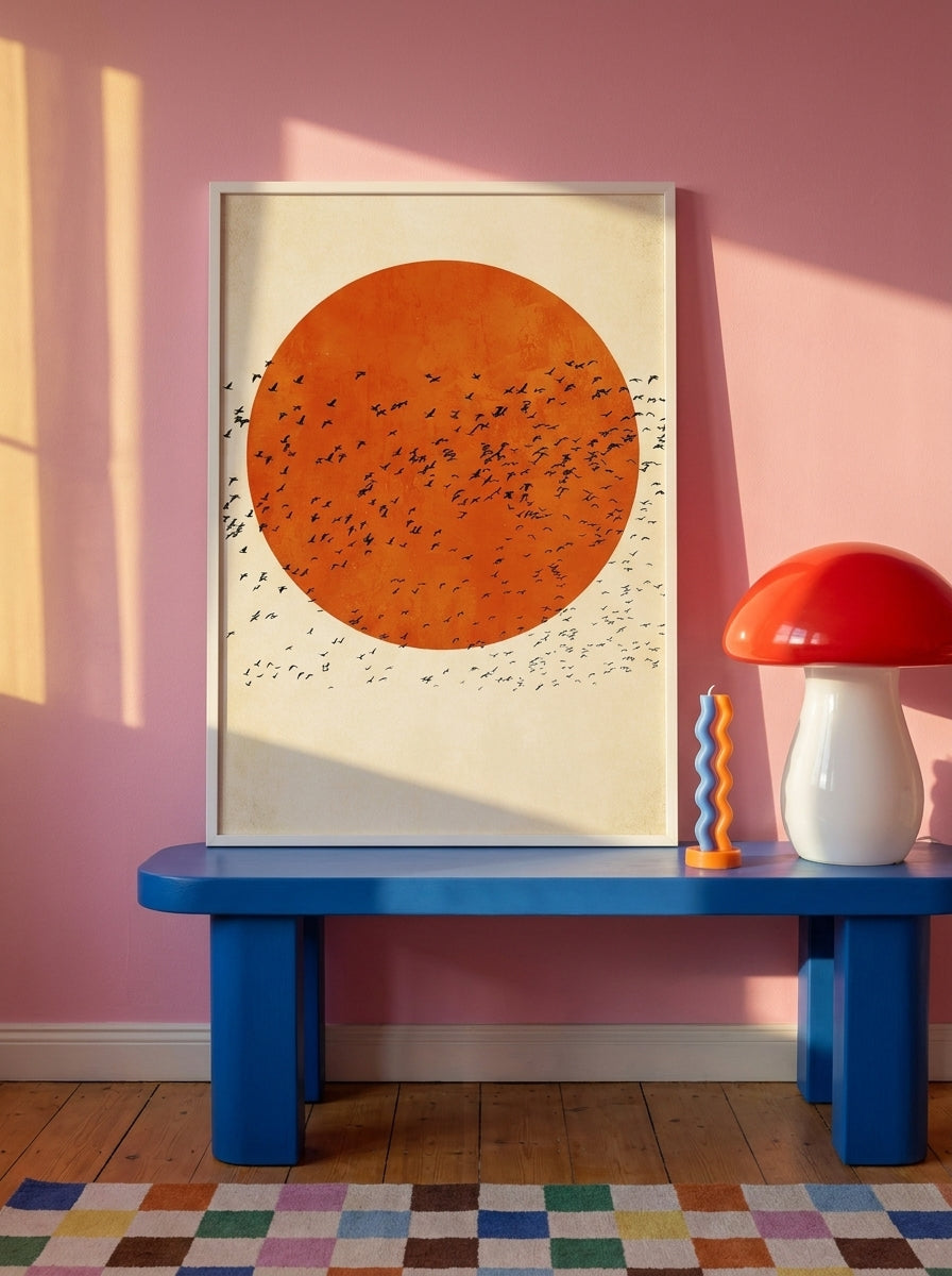 Modern wall art print standing on a side table in a colourful eclectic bedroom