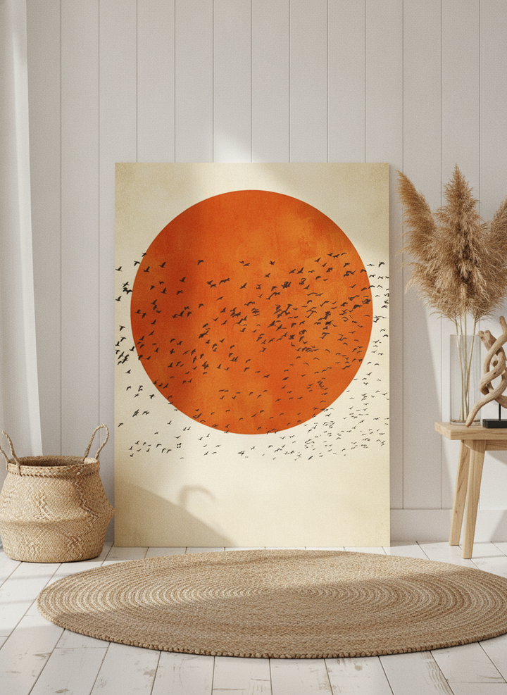 Stretched canvas wall art leaning against the wall in a coastal home office